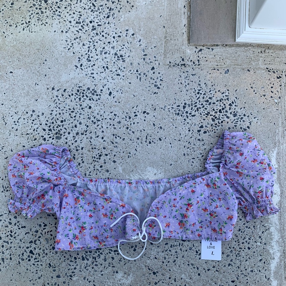 Lilac Flower Puffy Short Sleeve Bra Top $4.99 SHIP